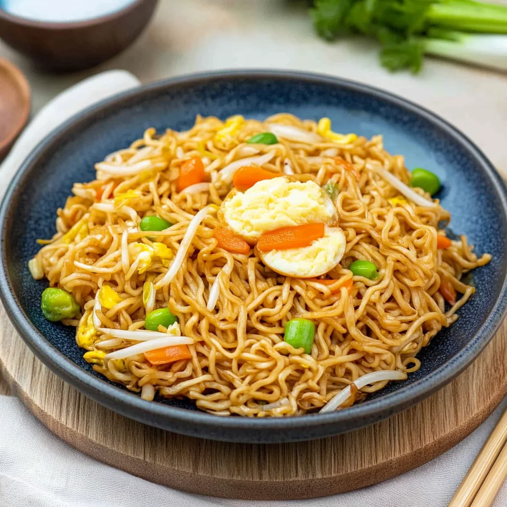 Chinesisch gebratene Nudeln mit Ei und Gemüse
