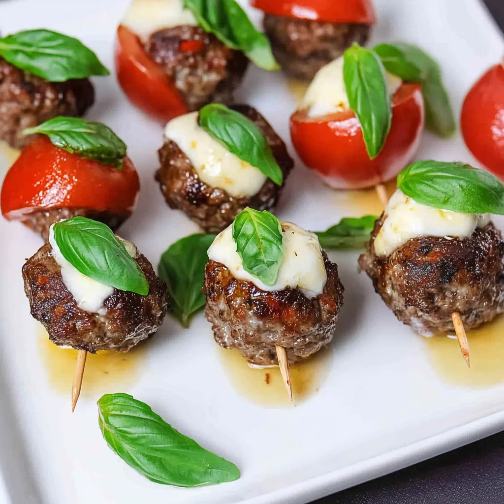 Hackbällchen Caprese - Spieße mit Mozzarella & Tomate