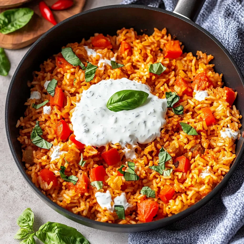 Paprika-Reis-Pfanne mit Joghurtsoße - schnell & vegetarisch